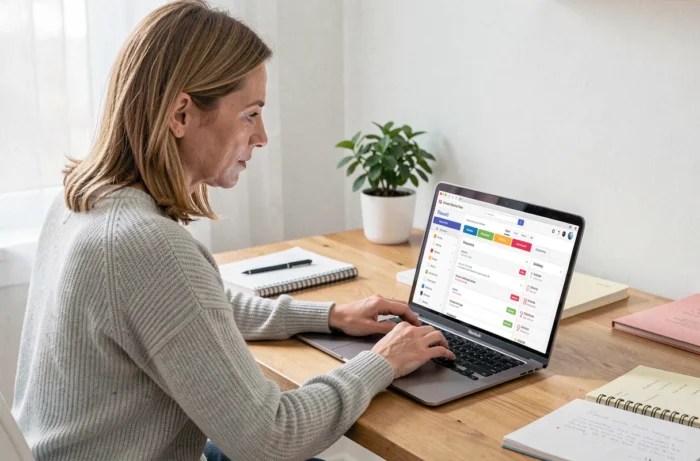 Femme naviguant dans un annuaire en ligne structuré depuis son bureau à domicile