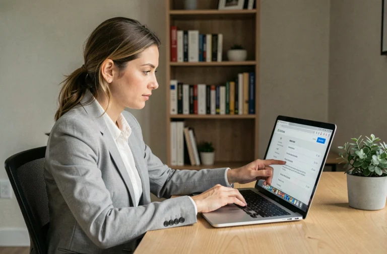 Femme professionnelle consultant le sitemap d'un site d'offres d'emploi sur son ordinateur portable dans un bureau moderne