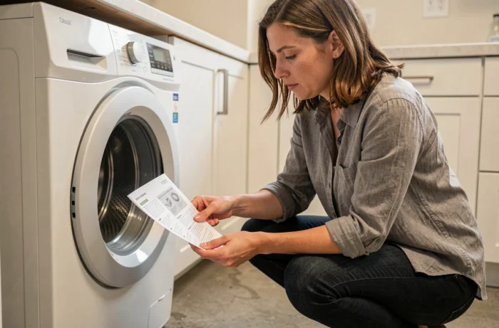 Femme consultant la notice d'utilisation de la machine à laver Whirlpool 6th Sense devant l'appareil dans une buanderie domestique