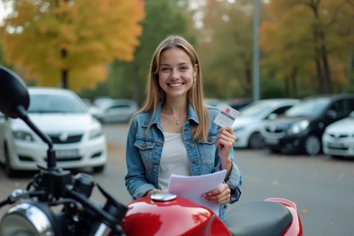 Jeune femme tenant son permis et les papiers d'un scooter 125cc dans un parking suburbain