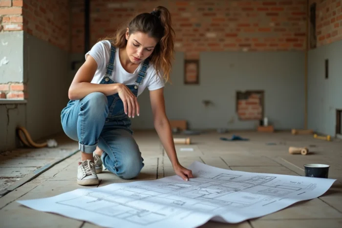 Femme consultant des plans de rénovation dans une cuisine en cours de démolition avec murs en briques apparentes