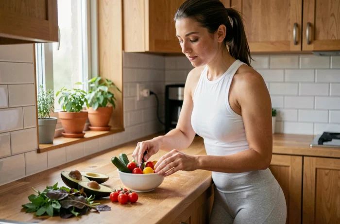 Femme préparant un bol santé coloré avec des légumes et fruits frais dans une cuisine moderne en bois