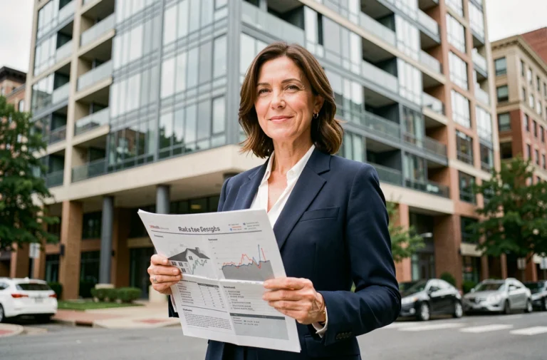 Femme professionnelle tenant un rapport immobilier devant un immeuble moderne en verre et acier en milieu urbain