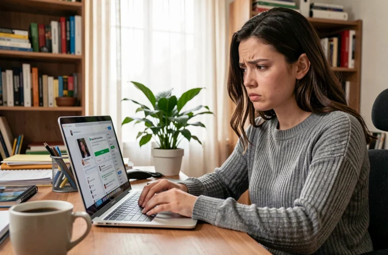 Jeune femme frustrée devant un ordinateur portable affichant un profil Facebook bloqué ou restreint