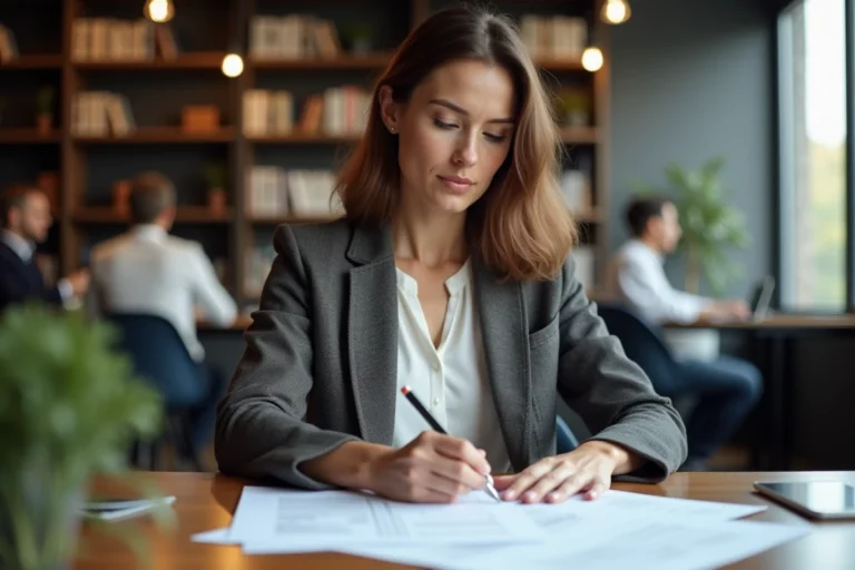 Femme en reconversion professionnelle révisant son CV dans un espace de coworking moderne