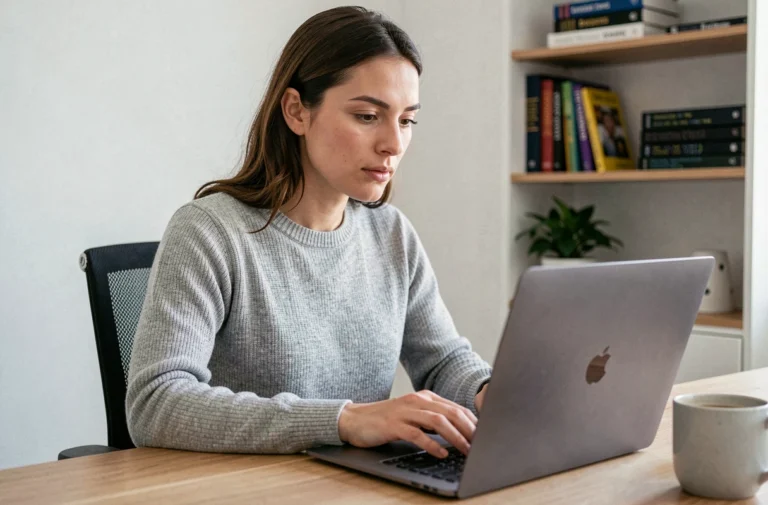 Femme consultant des ressources informatiques en ligne sur un ordinateur portable dans un bureau à domicile moderne