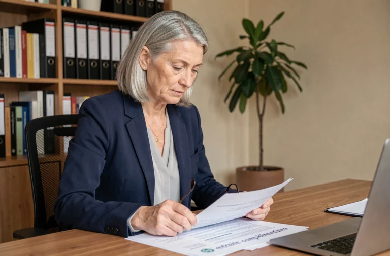 Une femme de 58 ans consulte des documents sur sa retraite complémentaire IRCEM dans un bureau à domicile
