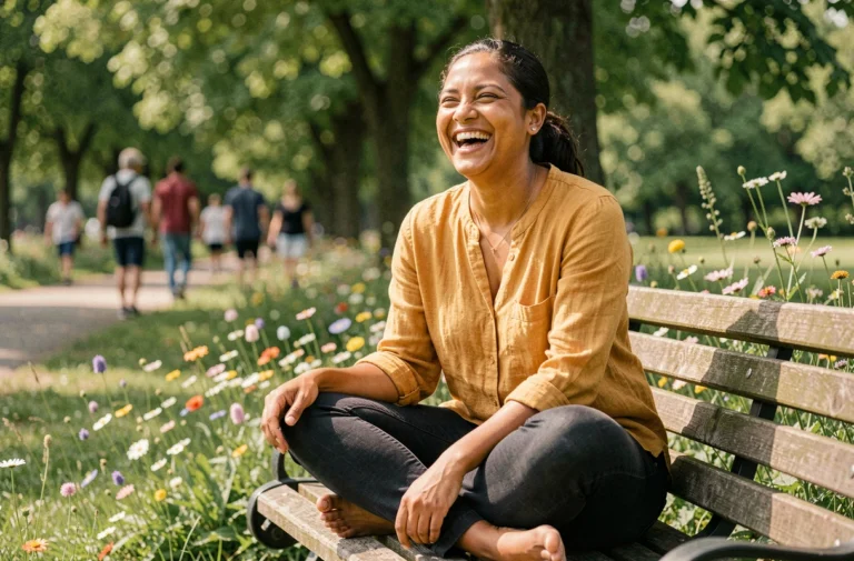 Femme souriante et épanouie assise dans un parc fleuri, rayonnant d'énergie positive et de joie au quotidien