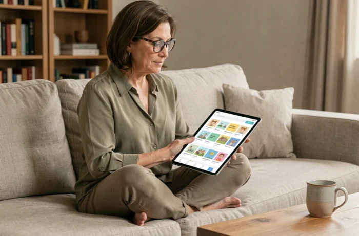 Femme consultant un annuaire d'enfants organisé sur une tablette dans son salon