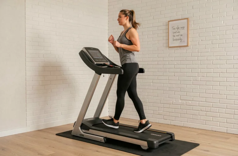 Femme en tenue de sport utilisant le tapis de course Sportstech F10 compact dans un espace fitness maison moderne