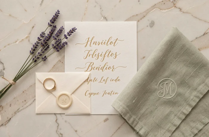 Détail flat lay d'une invitation de mariage manuscrite sur marbre avec lavande séchée et bague dorée