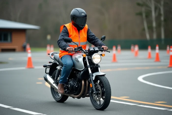 Homme en gilet de sécurité sur une moto 125cc lors d'un exercice dans un circuit d'auto-école