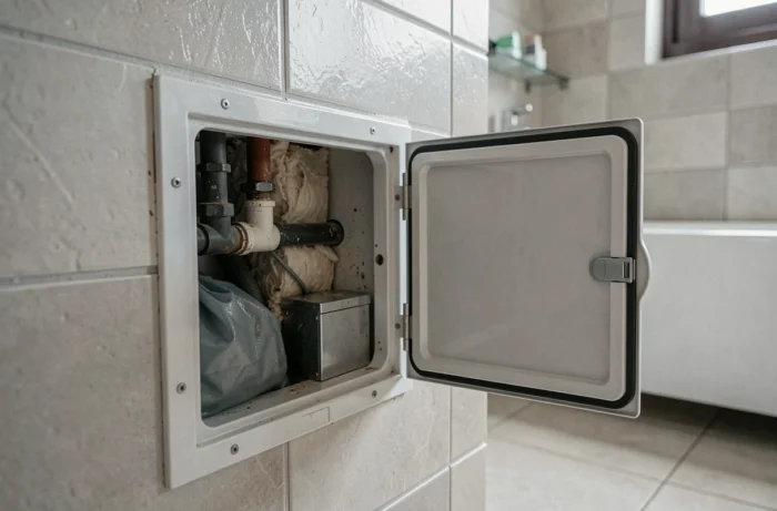 Trappe de baignoire entrouverte révélant une gaine technique cachée avec une pochette imperméable et un coffret dissimulés entre les tuyaux