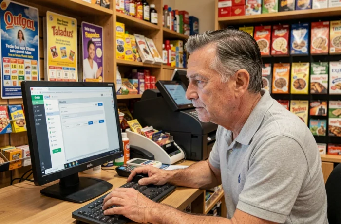 Gérant de tabac-FDJ effectuant sa première connexion sur Profession FDJ derrière son comptoir