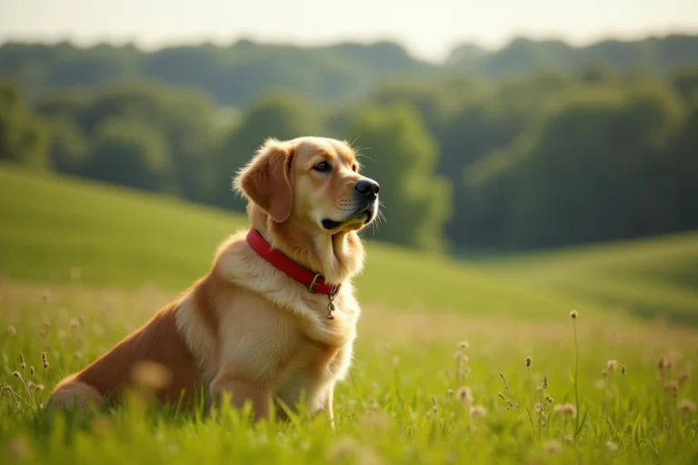 Golden Retriever adulte assis dans un pré verdoyant de Bourgogne-Franche-Comté, collar rouge, regard attentif