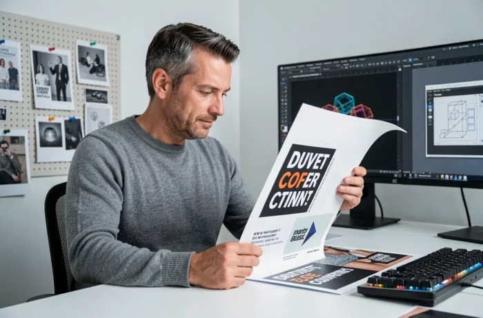 Graphiste indépendant évaluant une affiche de campagne de marque pour optimiser la communication visuelle d'une entreprise