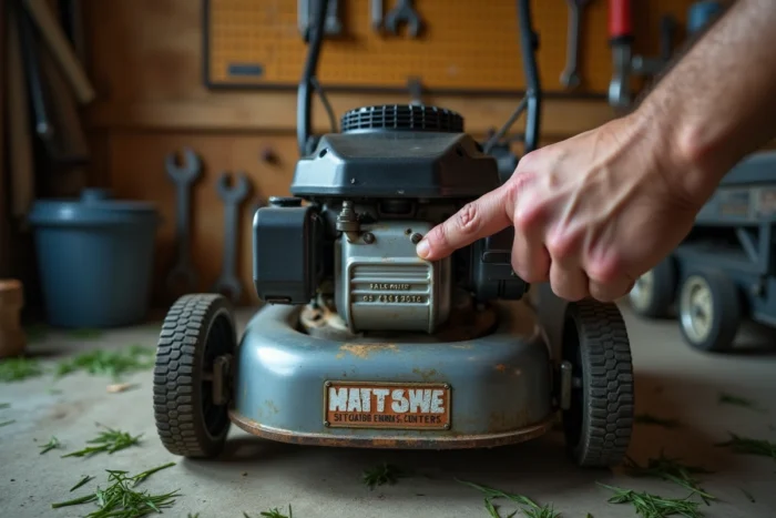 Gros plan sur l'étiquette moteur d'une tondeuse thermique indiquant la cylindrée en cm3 pour évaluer la puissance en chevaux