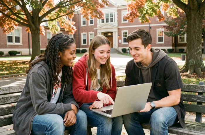 Groupe d'étudiants consultant des alternatives à l'ENT AMU ensemble en plein air sur le campus universitaire