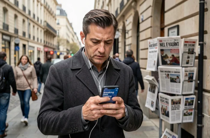 Homme lisant les actualités en temps réel sur son smartphone dans une rue animée avec un kiosque à journaux en arrière-plan