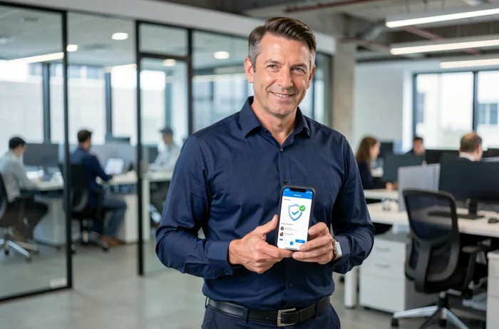 Homme d'affaires consultant Arkevia sur smartphone dans un environnement de bureau professionnel