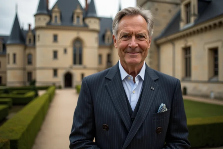 Portrait d'un homme d'affaires devant un château de style Renaissance française évoquant le Puy du Fou et la fortune de ses dirigeants