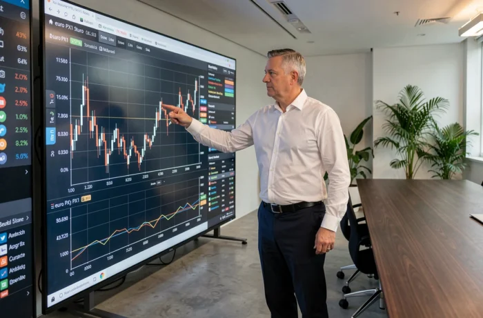 Homme d'affaires présentant les variations de l'indexeuro PX1 sur un grand écran numérique en salle de conférence