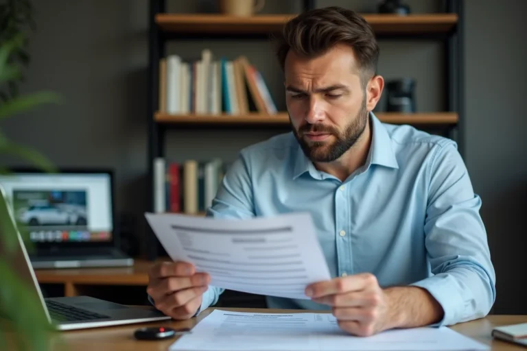 Homme consultant un certificat de non gage et des documents de vente de véhicule à son bureau à domicile