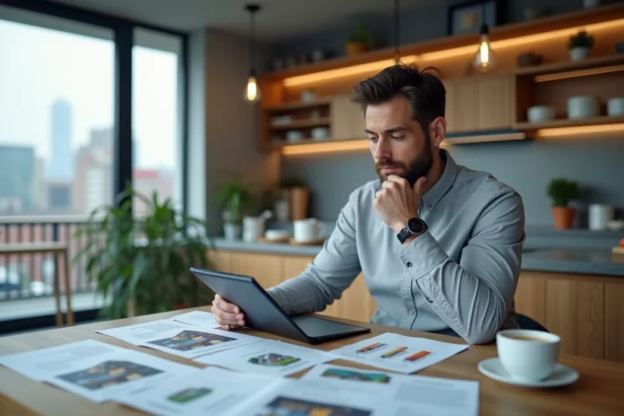 Homme comparant des dossiers immobiliers chez lui pour choisir le meilleur investissement immobilier