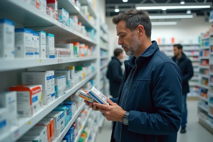 Homme comparant des médicaments génériques en pharmacie pour économiser sur les dépenses de santé