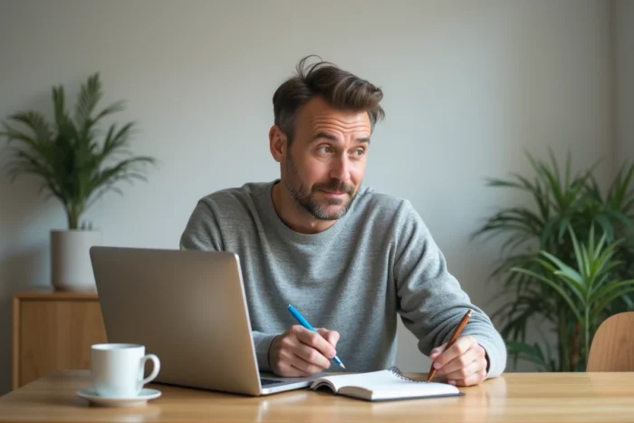 Homme en reconversion suivant une formation en ligne depuis son domicile avec un ordinateur portable