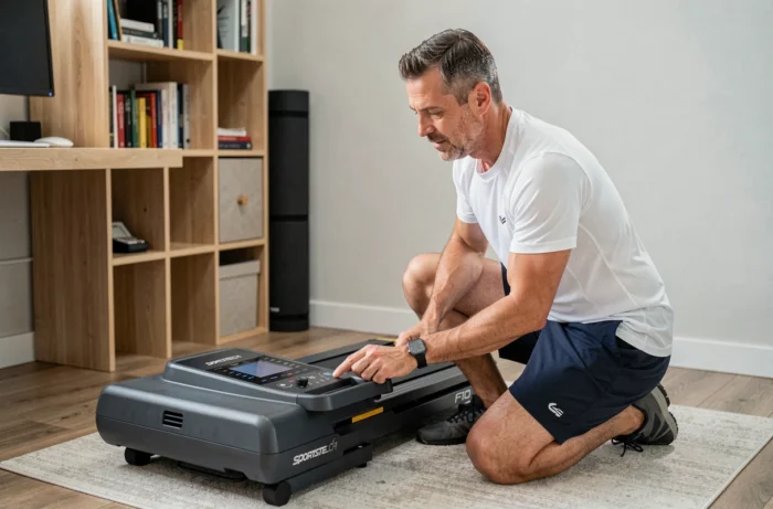 Homme inspectant le panneau de commande du tapis de course pliant Sportstech F10 dans un espace fitness à domicile