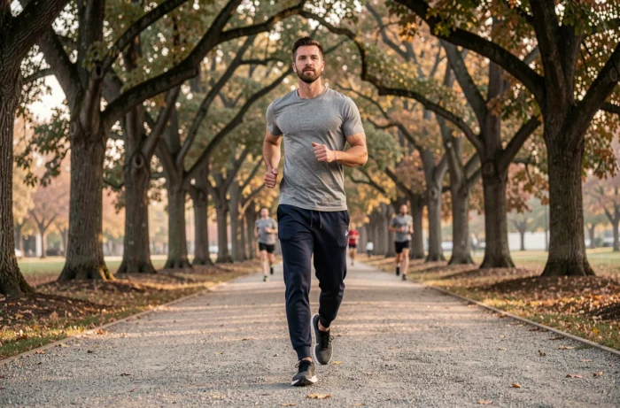 Homme faisant du jogging sur un chemin de parc urbain bordé d'arbres en automne pour un mode de vie actif