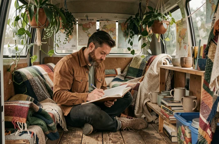 Homme écrivant dans un journal de voyage à l'intérieur d'un van aménagé avec plantes et décorations artisanales