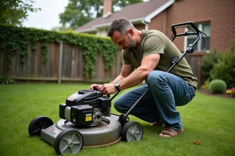 Homme examinant le moteur d'une tondeuse thermique dans un jardin suburban, comparant la cylindrée en cm3 pour choisir la bonne puissance