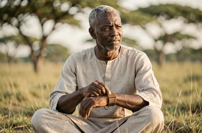 Homme africain portant un bracelet poil d'éléphant au poignet, assis dans la savane, expression sereine et spirituelle