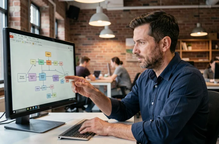 Homme analysant un sitemap détaillé d'annuaire sur un écran dans un espace de coworking