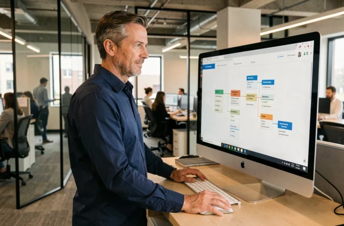 Homme consultant la structure de navigation d'un site d'offres d'emploi sur grand écran dans un open space professionnel