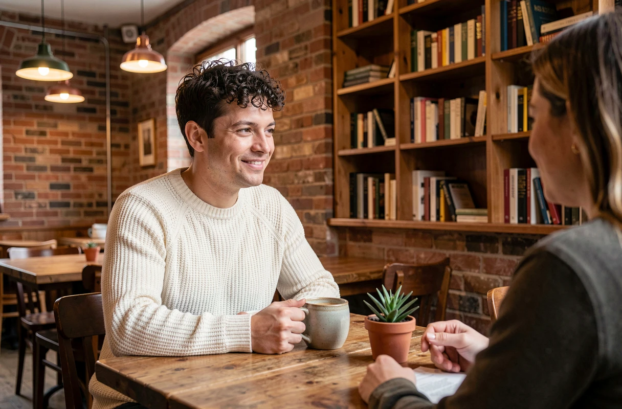 Homme positif et détendu partageant un café avec un ami dans un café chaleureux, incarnant une attitude solaire et bienveillante