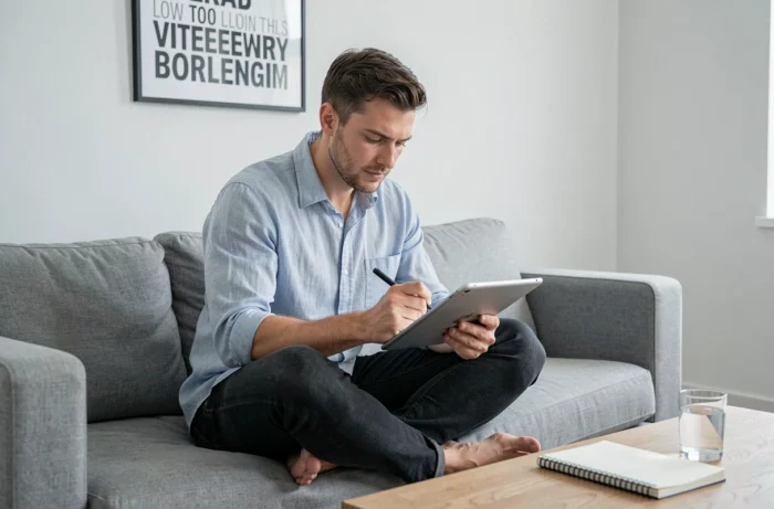 Jeune homme planifiant sa stratégie de blog sur une tablette numérique dans un salon minimaliste moderne