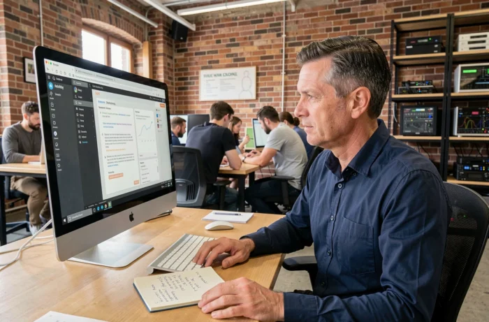 Homme en espace de coworking suivant un tutoriel technologique en ligne sur un grand écran