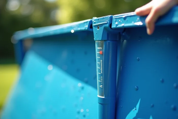 Gros plan sur l'indicateur de niveau d'eau d'une piscine hors sol avec repère de remplissage optimal