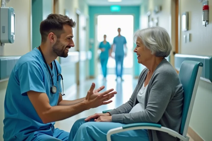 Infirmier expliquant les soins à une patiente assise dans un couloir d'hôpital avec empathie