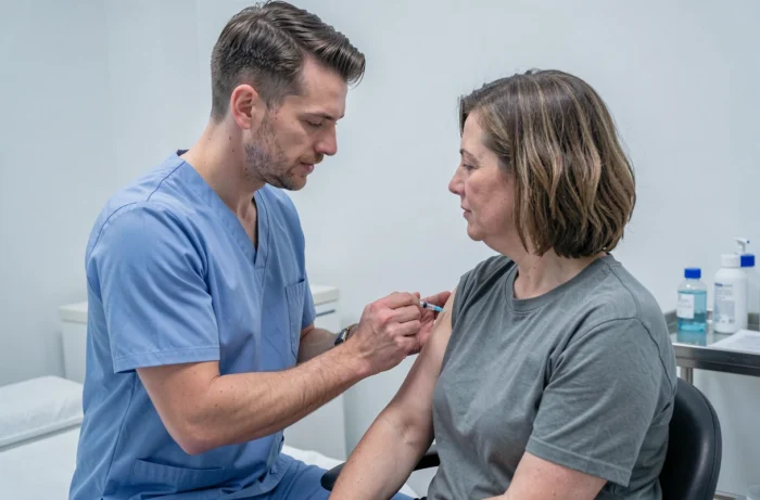 Infirmier administrant le vaccin BCG à un patient adulte dans un cabinet médical moderne
