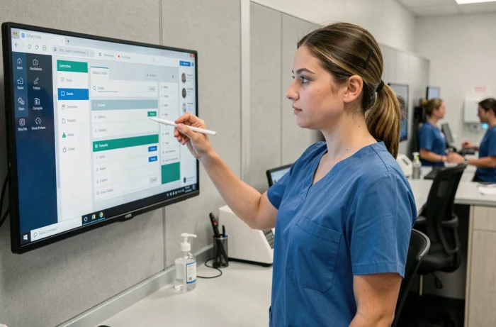 Infirmière praticienne utilisant un logiciel de téléconsultation sur écran tactile dans un centre médical