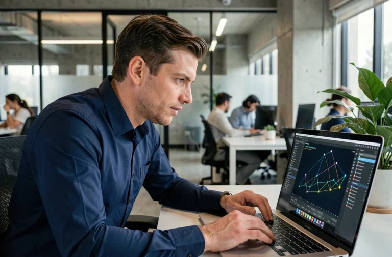 Ingénieur blockchain masculin travaillant sur des visualisations de réseau décentralisé dans un bureau moderne