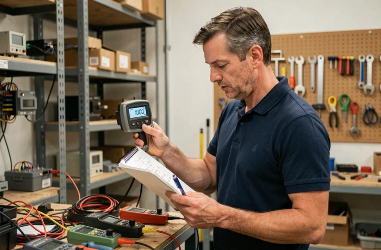 Ingénieur examinant un wattmètre numérique affichant 1000 watts dans un atelier technique moderne