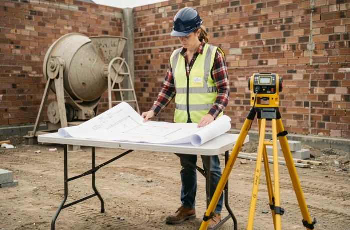 Ingénieure de chantier examinant des plans de construction sur table avec équipements de mesure et niveau laser sur un site de travaux