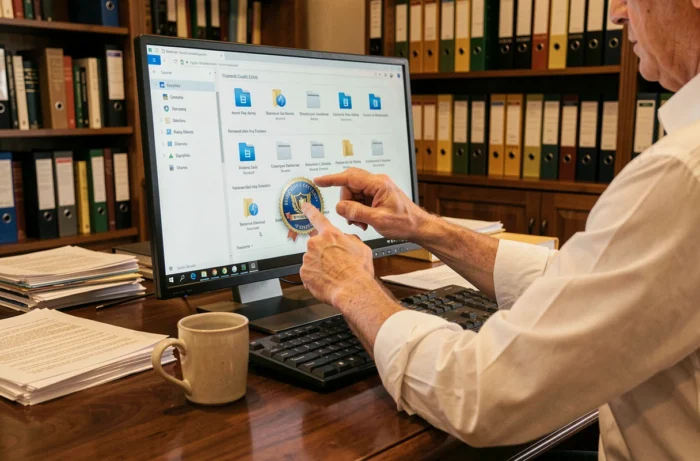 Mains parcourant une interface de coffre-fort numérique sécurisé sur un écran d'ordinateur dans un bureau traditionnel