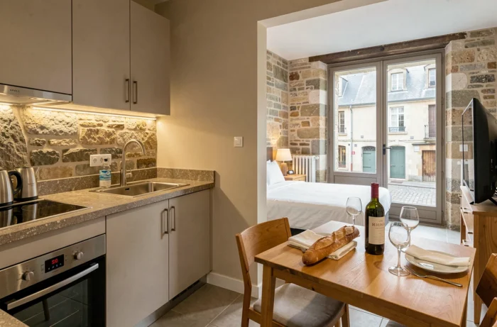 Intérieur d'un appart'hôtel moderne avec cuisine équipée et murs en pierre à Amboise