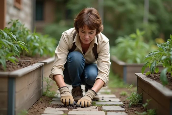 Jardinière examinant des crottes de couleuvre sur un chemin dallé entre des carrés potagers